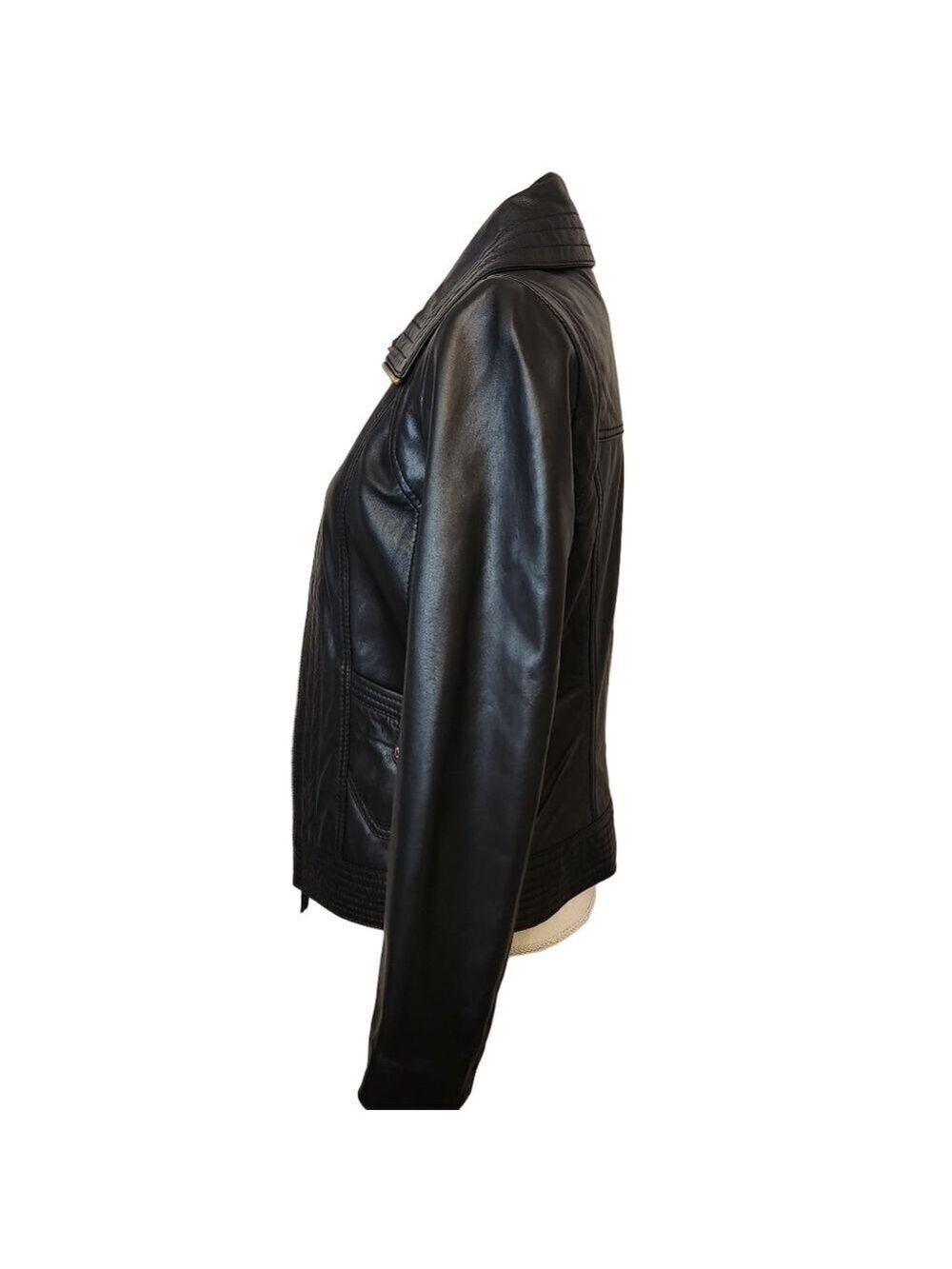 Michael Kors Missy Leather Full Zip Jacket Black Wing Collar Size S - Picture 6 of 13